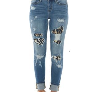 Medium Wash Distressed Skinny Jeans With Leopard Print Patch